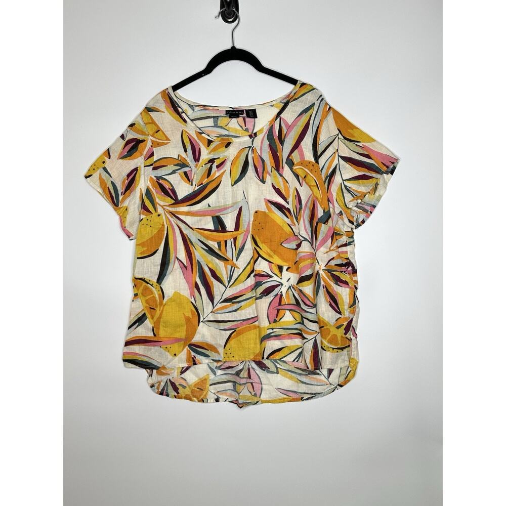 Tahari Womens 100% Linen Top 1X Tropical Fruit Lemon Print Beachy Vacation